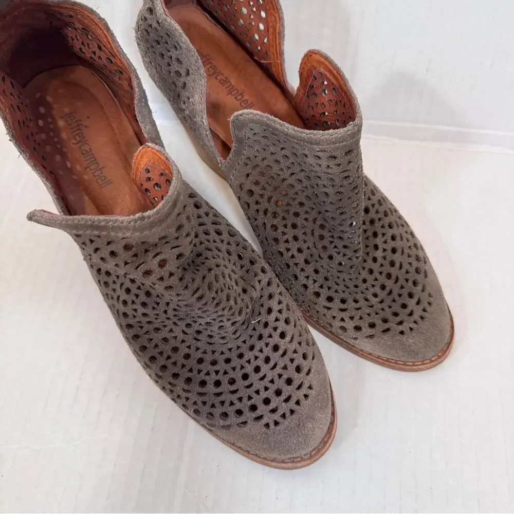 Jeffrey Campbell Brown Laser Cut Stacked Wood Ankle Boots Womens 9 Booties Fall